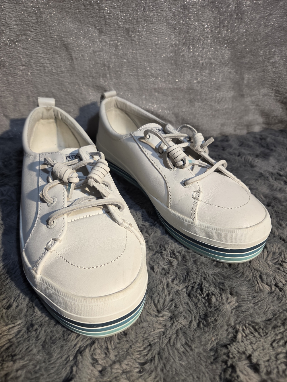 Sperry White Leather Platform Sneakers with Teal Stripe